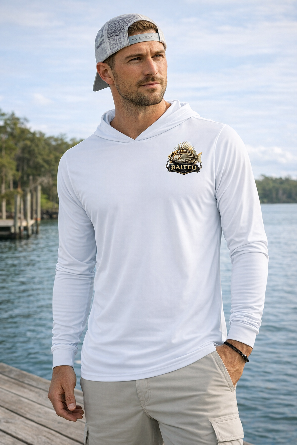 BAITED Offshore Performance Fishing Hoodie – Crab – White