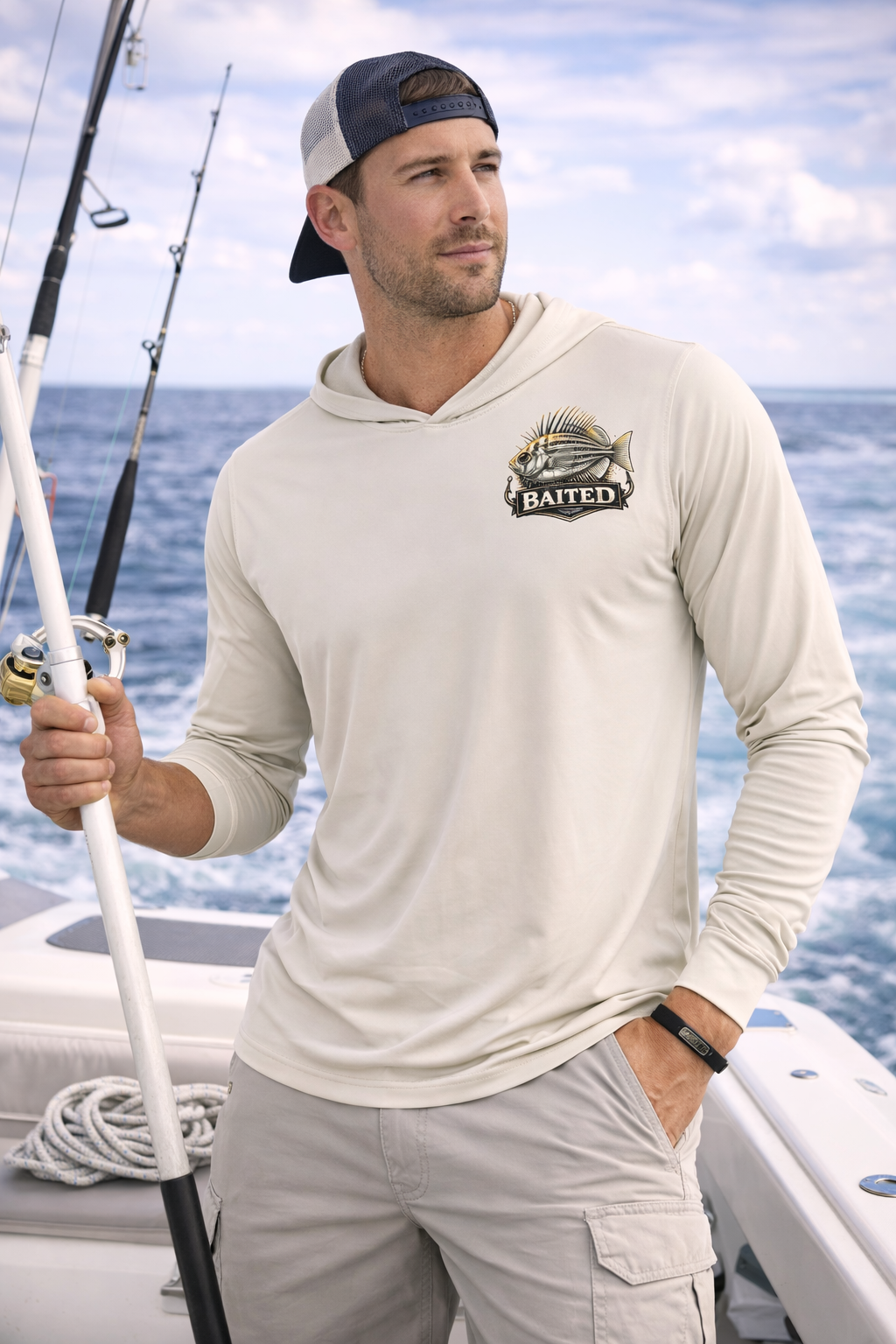 BAITED Offshore Performance Fishing Hoodie – Crab – White