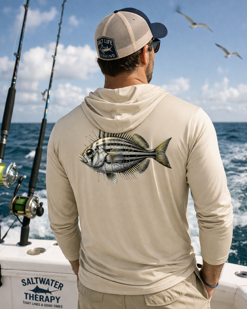 BAITED Offshore Performance Fishing Hoodie – Pin Fish- White